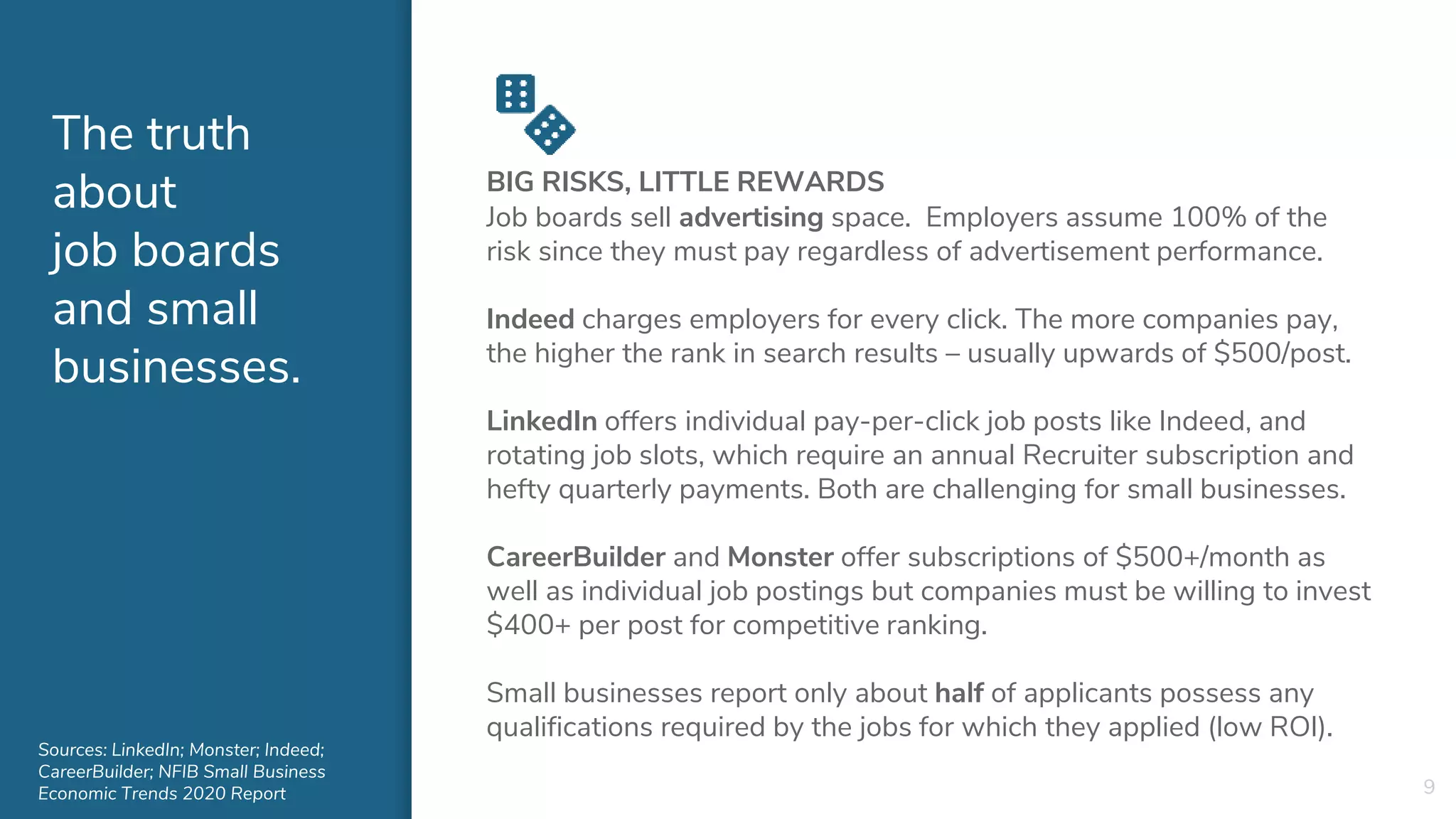 The truth
about
job boards
and small
businesses.
BIG RISKS, LITTLE REWARDS
Job boards sell advertising space. Employers assume 100% of the
risk since they must pay regardless of advertisement performance.
Indeed charges employers for every click. The more companies pay,
the higher the rank in search results – usually upwards of $500/post.
LinkedIn offers individual pay-per-click job posts like Indeed, and
rotating job slots, which require an annual Recruiter subscription and
hefty quarterly payments. Both are challenging for small businesses.
CareerBuilder and Monster offer subscriptions of $500+/month as
well as individual job postings but companies must be willing to invest
$400+ per post for competitive ranking.
Small businesses report only about half of applicants possess any
qualifications required by the jobs for which they applied (low ROI).
9
Sources: LinkedIn; Monster; Indeed;
CareerBuilder; NFIB Small Business
Economic Trends 2020 Report
 