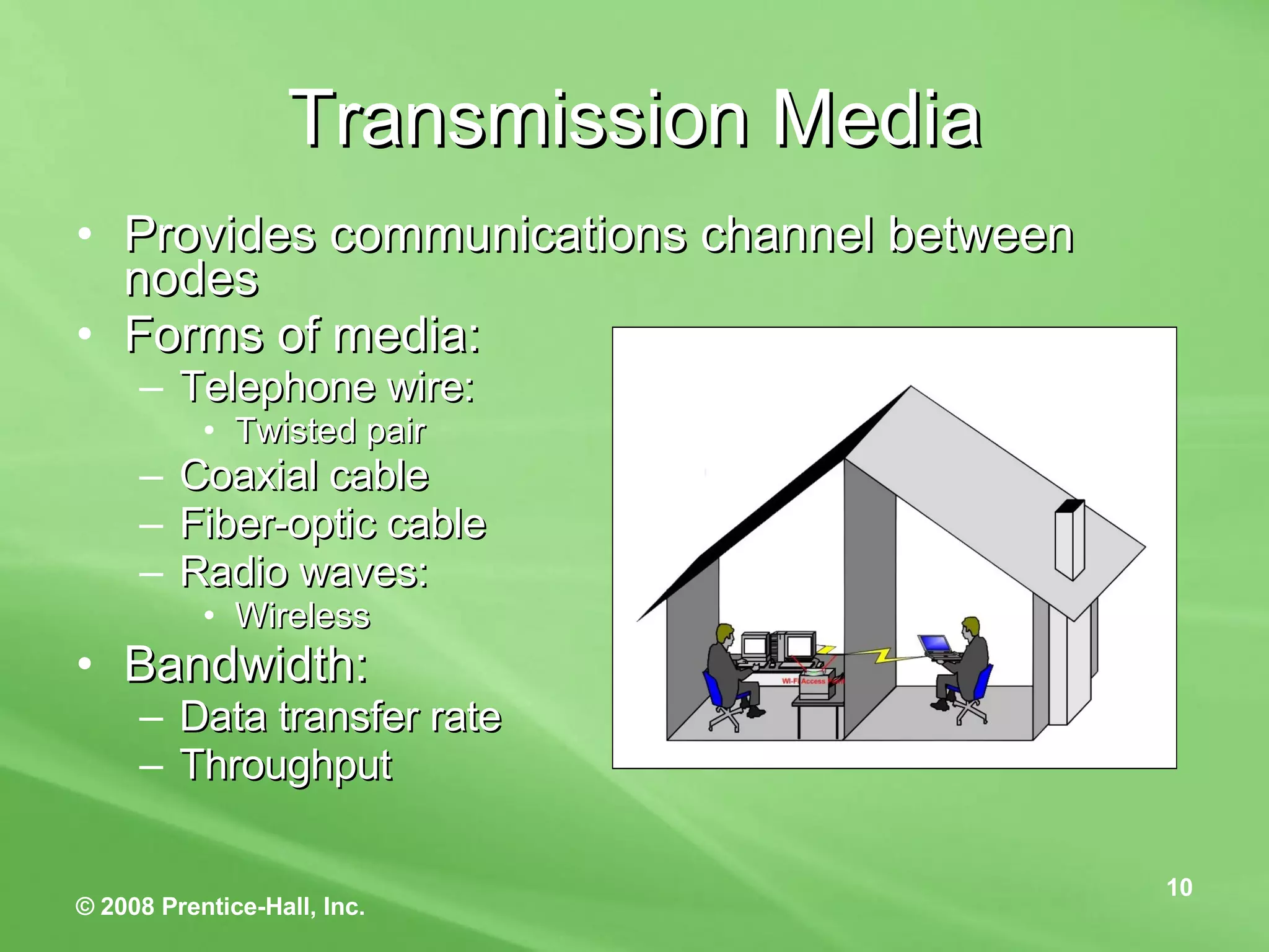 Transmission Media Provides communications channel between nodes Forms of media: Telephone wire: Twisted pair Coaxial cable Fiber-optic cable Radio waves: Wireless Bandwidth: Data transfer rate Throughput 