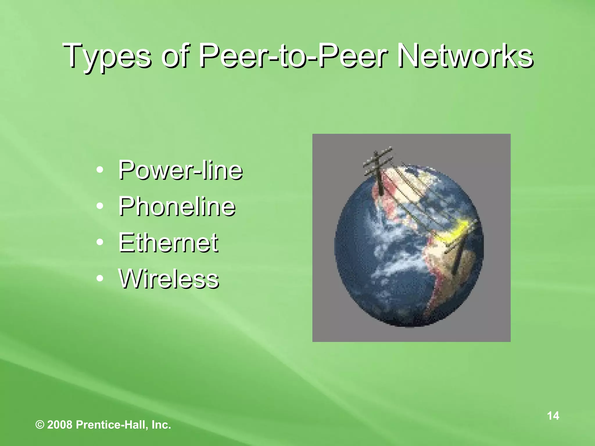 Types of Peer-to-Peer Networks Power-line Phoneline Ethernet Wireless  