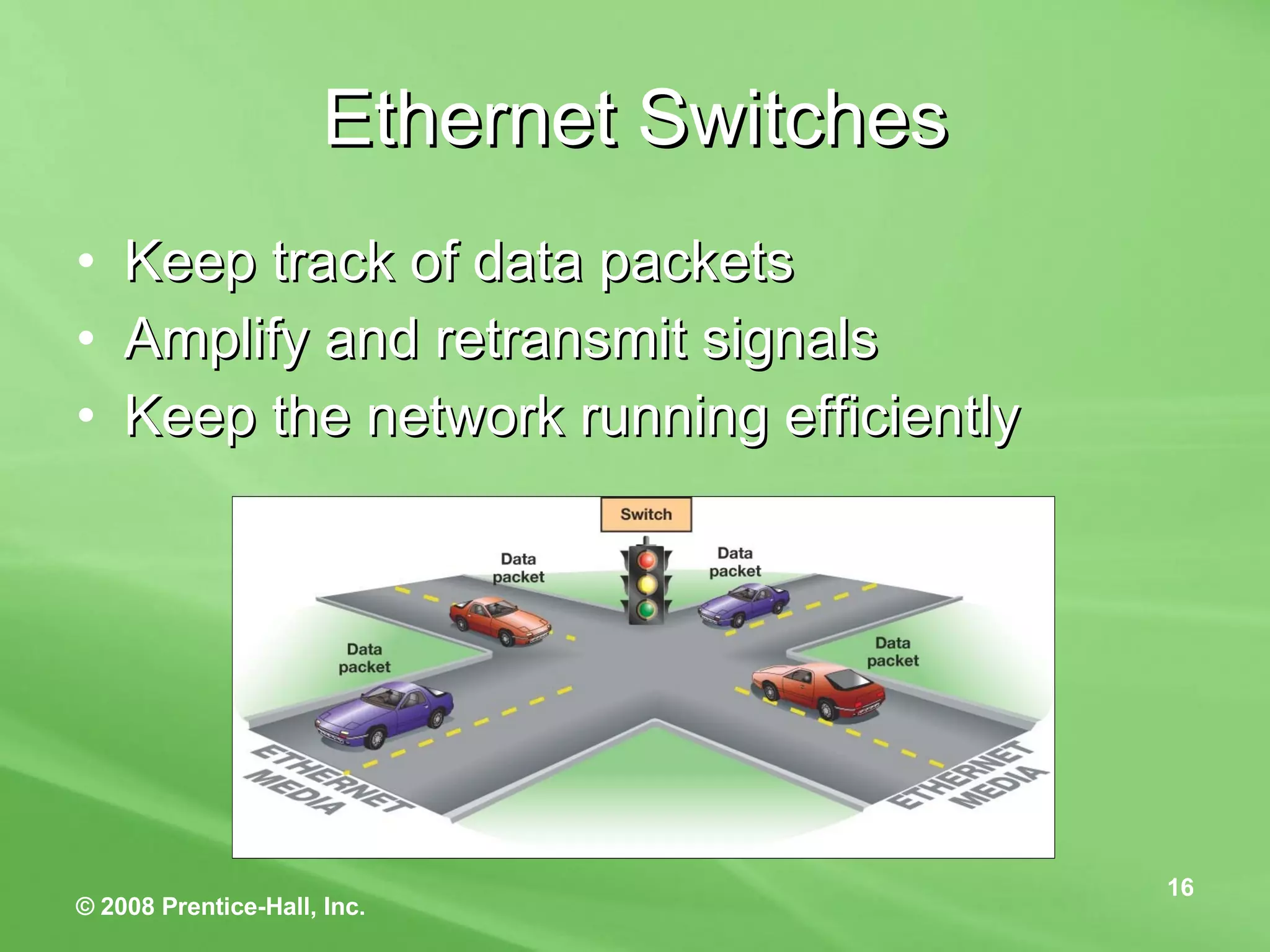 Ethernet Switches Keep track of data packets Amplify and retransmit signals Keep the network running efficiently 