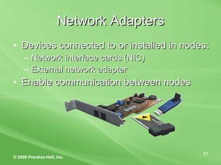 Network Adapters Devices connected to or installed in nodes: Network interface cards (NIC) External network adapter Enable communication between nodes 