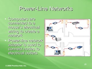 Power-Line Networks Computers are connected to a house’s electrical wiring to create a network Power-line network adapter is used to connect nodes to electrical outlets 