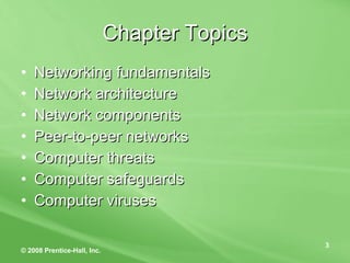 Chapter Topics Networking fundamentals Network architecture Network components Peer-to-peer networks Computer threats Computer safeguards Computer viruses 