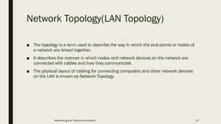 Network Topology(LAN Topology)
■ The topology is a term used to describe the way In which the end points or nodes of
a network are linked together.
■ It describes the manner in which nodes and network devices on the network are
connected with cables and how they communicate.
■ The physical layout of cabling for connecting computers and other network devices
on the LAN is known as Network Topology.
Networking and Telecommunication 27
 