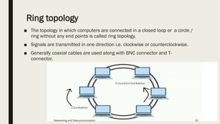Ring topology
■ The topology in which computers are connected in a closed loop or a circle /
ring without any end points is called ring topology.
■ Signals are transmitted in one direction i.e. clockwise or counterclockwise.
■ Generally coaxial cables are used along with BNC connector and T-
connector.
Networking and Telecommunication 31
 