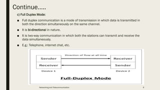 Continue…..
c) Full Duplex Mode:
■ Full duplex communication is a mode of transmission in which data is transmitted in
both the direction simultaneously on the same channel.
■ It is bi-directional in nature.
■ It is two-way communication in which both the stations can transmit and receive the
data simultaneously.
■ E.g.: Telephone, internet chat, etc.
Networking and Telecommunication 9
 