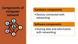 Components of
computer
network •Devices connected with
networking
Hardware components
•Sharing data and information
with networking
Software components
 