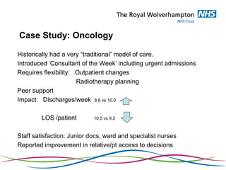 Case Study: Oncology
Historically had a very “traditional” model of care.
Introduced ‘Consultant of the Week’ including urgent admissions
Requires flexibility: Outpatient changes
Radiotherapy planning
Peer support
Impact: Discharges/week 8.8 vs 10.0
LOS /patient 10.5 vs 9.2
Staff satisfaction: Junior docs, ward and specialist nurses
Reported improvement in relative/pt access to decisions
 