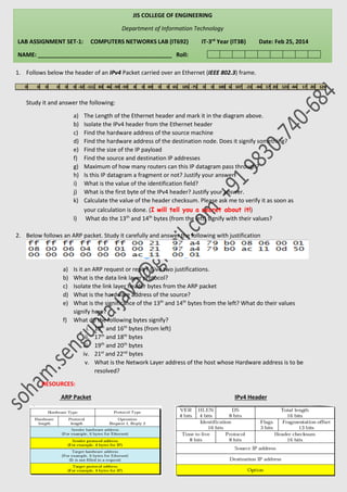 JIS COLLEGE OF ENGINEERING 
Department of Information Technology 
LAB ASSIGNMENT SET-1: COMPUTERS NETWORKS LAB (IT692) IT-3rd Year (IT3B) Date: Feb 25, 2014 
NAME: __________________________________________ Roll: 
0 0 0 0 0 0 -32 -111 83 46 -59 -59 8 0 69 0 0 65 105 -75 0 0 100 6 107 -23 -84 17 20 123 -84 17 20 123 
1. Follows below the header of an IPv4 Packet carried over an Ethernet (IEEE 802.3) frame. 
Study it and answer the following: 
a) The Length of the Ethernet header and mark it in the diagram above. 
b) Isolate the IPv4 header from the Ethernet header 
c) Find the hardware address of the source machine 
d) Find the hardware address of the destination node. Does it signify something? 
e) Find the size of the IP payload 
f) Find the source and destination IP addresses 
g) Maximum of how many routers can this IP datagram pass through? 
h) Is this IP datagram a fragment or not? Justify your answer. 
i) What is the value of the identification field? 
j) What is the first byte of the IPv4 header? Justify your answer. 
k) Calculate the value of the header checksum. Please ask me to verify it as soon as 
your calculation is done. (I will tell you a secret about it!) 
l) What do the 13th and 14th bytes (from the left) signify with their values? 
2. Below follows an ARP packet. Study it carefully and answer the following with justification 
a) Is it an ARP request or reply? Give two justifications. 
b) What is the data link layer protocol? 
c) Isolate the link layer header bytes from the ARP packet 
d) What is the hardware address of the source? 
e) What is the significance of the 13th and 14th bytes from the left? What do their values 
signify here? 
f) What do the following bytes signify? 
i. 15th and 16th bytes (from left) 
ii. 17th and 18th bytes 
iii. 19th and 20th bytes 
iv. 21st and 22nd bytes 
v. What is the Network Layer address of the host whose Hardware address is to be 
resolved? 
RESOURCES: 
ARP Packet IPv4 Header 
