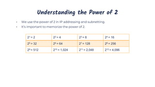 Understanding the Power of 2
• We use the power of 2 in IP addressing and subnetting.
• It’s important to memorize the power of 2.
21 = 2 22 = 4 23 = 8 24 = 16
25 = 32 26 = 64 27 = 128 28 = 256
29 = 512 210 = 1,024 211 = 2,048 212 = 4,096
 