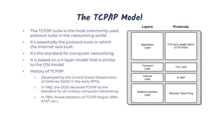 The TCP/IP Model
• The TCP/IP suite is the most commonly used
protocol suite in the networking world.
• It’s essentially the protocol suite in which
the Internet was built.
• It’s the standard for computer networking.
• It is based on a 4-layer model that is similar
to the OSI model.
• History of TCP/IP:
o Developed by the United States Department
of Defense (DoD) in the early 1970s.
o In 1982, the DOD declared TCP/IP as the
standard for all military computer networking.
o In 1984, broad adoption of TCP/IP began (IBM,
AT&T, etc.).
 