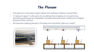 The Plenum
• The plenum is the open space above the ceiling or below a raised floor.
• A “plenum space” is the part of a building that enables air circulation by
providing pathways for heated/air-conditioned and return airflows at a higher
pressure than normal.
• All network cabling placed in the plenum should be “plenum-rated.”
 