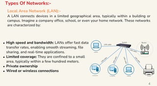 4
Local Area Network (LAN):-
A LAN connects devices in a limited geographical area, typically within a building or
campus. Imagine a company office, school, or even your home network. These networks
are characterized by:
High speed and bandwidth: LANs offer fast data
transfer rates, enabling smooth streaming, file
sharing, and real-time applications.
Limited coverage: They are confined to a small
area, typically within a few hundred meters.
Private ownership
Wired or wireless connections
Types Of Networks:-
 
