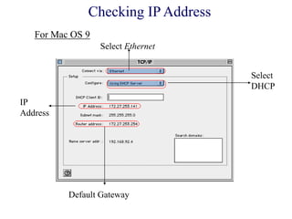 Select Ethernet
Select
DHCP
IP
Address
Default Gateway
Checking IP Address
For Mac OS 9
 