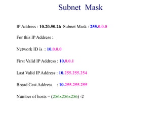 IPAddress : 10.20.50.26 Subnet Mask : 255.0.0.0
For this IP Address :
Network ID is : 10.0.0.0
First Valid IP Address : 10.0.0.1
Last Valid IP Address : 10.255.255.254
Broad Cast Address : 10.255.255.255
Number of hosts = (256x256x256) -2
Subnet Mask
 
