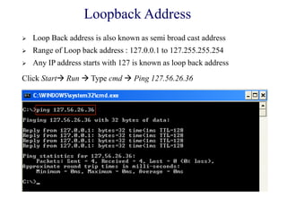 Loopback Address
 Loop Back address is also known as semi broad cast address
 Range of Loop back address : 127.0.0.1 to 127.255.255.254
 Any IP address starts with 127 is known as loop back address
Click Start Run  Type cmd  Ping 127.56.26.36
 