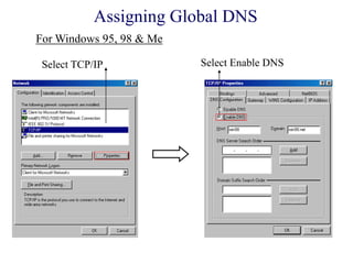 Assigning Global DNS
Select TCP/IP Select Enable DNS
For Windows 95, 98 & Me
 