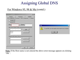 Note: If the Host name is not entered the above error message appears on clicking
‗OK ‗.
Assigning Global DNS
For Windows 95, 98 & Me (contd.)
 