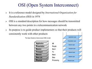OSI (Open System Interconnect)
 It is a reference model designed by International Organization for
Standardization (ISO) in 1974
 OSI is a standard description for how messages should be transmitted
between any two points in a telecommunication network
 Its purpose is to guide product implementers so that their products will
consistently work with other products
Physical Layer
Datalink Layer
Netword Layer
Transport Layer
Session Layer
Presentation Layer
Application Layer
 