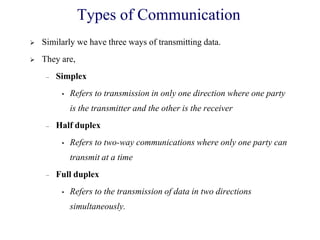 Types of Communication
 Similarly we have three ways of transmitting data.
 They are,
– Simplex
• Refers to transmission in only one direction where one party
is the transmitter and the other is the receiver
– Half duplex
• Refers to two-way communications where only one party can
transmit at a time
– Full duplex
• Refers to the transmission of data in two directions
simultaneously.
 