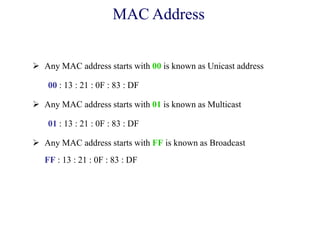  Any MAC address starts with 00 is known as Unicast address
00 : 13 : 21 : 0F : 83 : DF
 Any MAC address starts with 01 is known as Multicast
01 : 13 : 21 : 0F : 83 : DF
 Any MAC address starts with FF is known as Broadcast
FF : 13 : 21 : 0F : 83 : DF
MAC Address
 