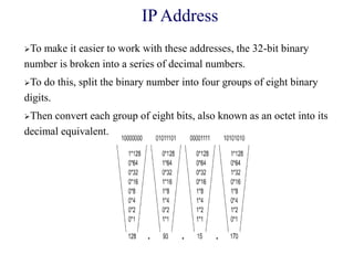 To make it easier to work with these addresses, the 32-bit binary
number is broken into a series of decimal numbers.
To do this, split the binary number into four groups of eight binary
digits.
Then convert each group of eight bits, also known as an octet into its
decimal equivalent.
IP Address
 