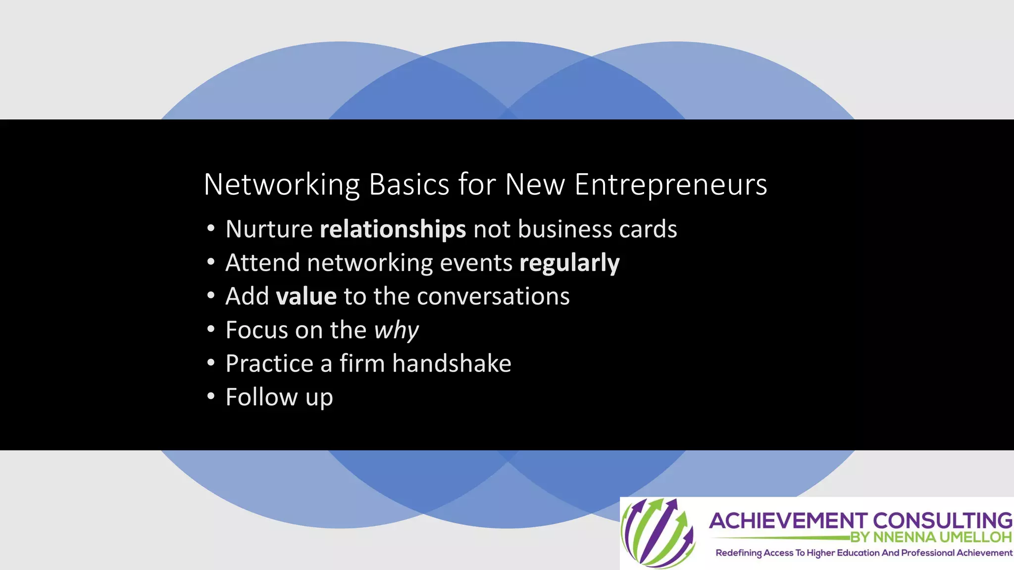 Networking Basics for New Entrepreneurs
• Nurture relationships not business cards
• Attend networking events regularly
• Add value to the conversations
• Focus on the why
• Practice a firm handshake
• Follow up
 