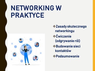 NETWORKING W
PRAKTYCE
Zasady skutecznego
networkingu
Ćwiczenie
(odgrywanie ról)
Budowanie sieci
kontaktów
Podsumowanie
 