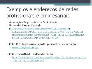 Exemplos e endereços de redes
profissionais e empresariais
14

• Associações Empresariais ou Profissionais
• Enterprise Europe Network
(http://www.enterpriseeuropenetwork.pt/arede.php)
▫ Liderada pelo IAPMEI, a Enterprise Europe Network em Portugal
integra os seguintes parceiros: ADI, ACIF-CCIM, AIDA, AIMINHO,
CCDR - Algarve, CCIPD, CEC/CCIC, e INPI.

• COTEC Portugal - Associação Empresarial para a Inovação
▫ www.cotecportugal.pt

• CGA – Conselho de Gestão Alternativo
▫ http://www.fae.edu/publicacoes/pdf/revista_da_fae/fae_v8_n1/rev
_fae_v8_n1_07_bernard.pdf

 