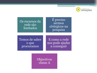Os recursos da
rede são
limitados

É preciso
sermos
cirúrgicos na
pesquisa

Temos de saber
o que
procuramos

E como a rede
nos pode ajudar
a conseguir

Objectivos
classe A

 