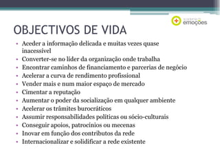 OBJECTIVOS DE VIDA
• Aceder a informação delicada e muitas vezes quase
inacessível
• Converter-se no líder da organização onde trabalha
• Encontrar caminhos de financiamento e parcerias de negócio
• Acelerar a curva de rendimento profissional
• Vender mais e num maior espaço de mercado
• Cimentar a reputação
• Aumentar o poder da socialização em qualquer ambiente
• Acelerar os trâmites burocráticos
• Assumir responsabilidades políticas ou sócio-culturais
• Conseguir apoios, patrocínios ou mecenas
• Inovar em função dos contributos da rede
• Internacionalizar e solidificar a rede existente

 