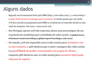 8

Alguns dados
• Segundo um levantamento feito pela DBM (http://www.dbm.com/) , o networking é
a maior fonte de novos empregos para executivos. O estudo aponta que, em 2008,
77% dos executivos pesquisados pela DBM se recolocaram no mercado devido às suas
redes de contactos. Em 2007, a taxa era de 72%.

• Em Portugal, apenas 20% das empresas alocou uma percentagem do seu
orçamento de marketing para actividades de redes sociais. (A global survey
of business social networking (A global report from Regus, July 2010)

• No entanto, 51% dos inquiridos usa as redes sociais para comunicar com

os seus contactos, e 49% declarou que a maior vantagem das redes sociais
é a possibilidade de gestão e comunicação com grupos de clientes,
enquanto 58% declarou usar as redes sociais para encontrar informação
relevante de negócio.

 