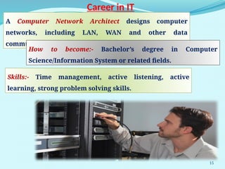 15
Career in IT
A Computer Network Architect designs computer
networks, including LAN, WAN and other data
communication systems.
How to become:- Bachelor’s degree in Computer
Science/Information System or related fields.
Skills:- Time management, active listening, active
learning, strong problem solving skills.
 