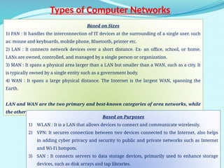 9
Based on Sizes
1) PAN : It handles the interconnection of IT devices at the surrounding of a single user. such
as: mouse and keyboards, mobile phone, Bluetooth, printer etc.
2) LAN : It connects network devices over a short distance. Ex- an office, school, or home.
LANs are owned, controlled, and managed by a single person or organization.
3) MAN : It spans a physical area larger than a LAN but smaller than a WAN, such as a city. It
is typically owned by a single entity such as a government body.
4) WAN : It spans a large physical distance. The Internet is the largest WAN, spanning the
Earth.
LAN and WAN are the two primary and best-known categories of area networks, while
the others have emerged with technology advances.
Types of Computer Networks
Based on Purposes
1) WLAN : It is a LAN that allows devices to connect and communicate wirelessly.
2) VPN: It secures connection between two devices connected to the Internet, also helps
in adding cyber privacy and security to public and private networks such as Internet
and Wi-Fi hotspots.
3) SAN : It connects servers to data storage devices, primarily used to enhance storage
devices, such as disk arrays and tap libraries.
 