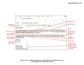 Duke Career Center • studentaffairs.duke.edu/career • 919-660-1050 • Bay 5, Smith Warehouse, 2nd Floor •
114 S. Buchanan Blvd., Box 90950, Durham, NC 27708
Networking Worksheet, cont.
 