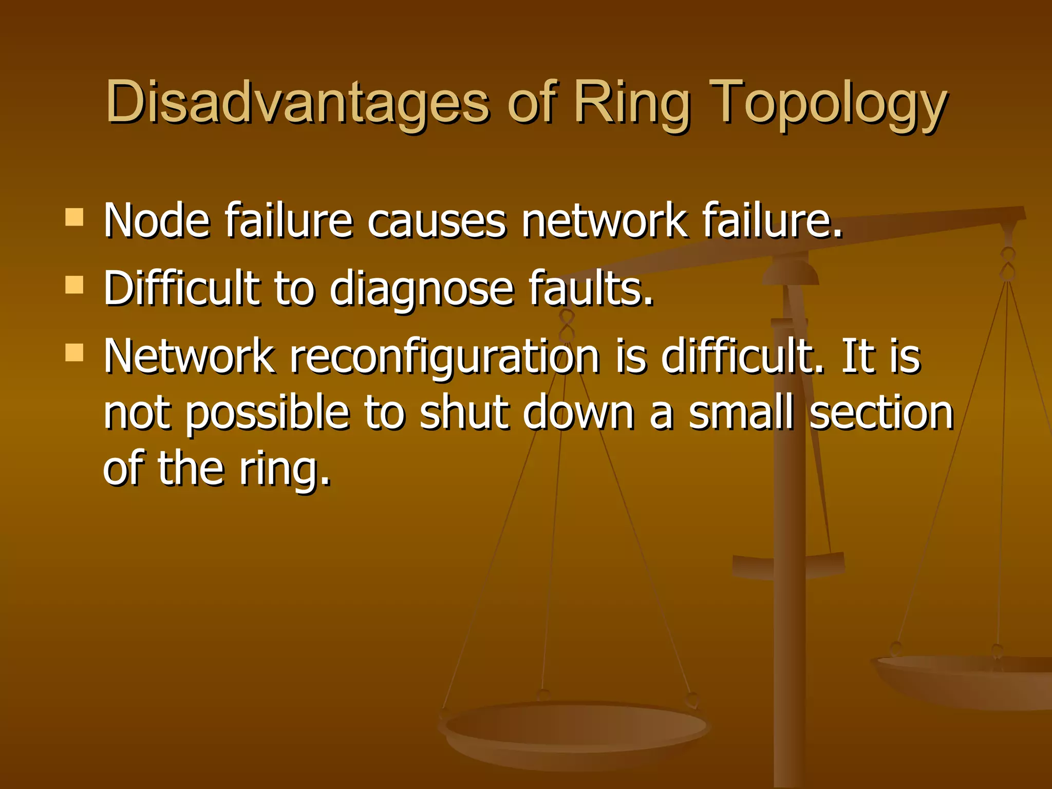 Disadvantages of Ring Topology
   Node failure causes network failure.
   Difficult to diagnose faults.
   Network reconfiguration is difficult. It is
    not possible to shut down a small section
    of the ring.
 