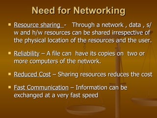 Need for Networking
   Resource sharing - Through a network , data , s/
    w and h/w resources can be shared irrespective of
    the physical location of the resources and the user.
   Reliability – A file can have its copies on two or
    more computers of the network.
   Reduced Cost – Sharing resources reduces the cost
   Fast Communication – Information can be
    exchanged at a very fast speed
 