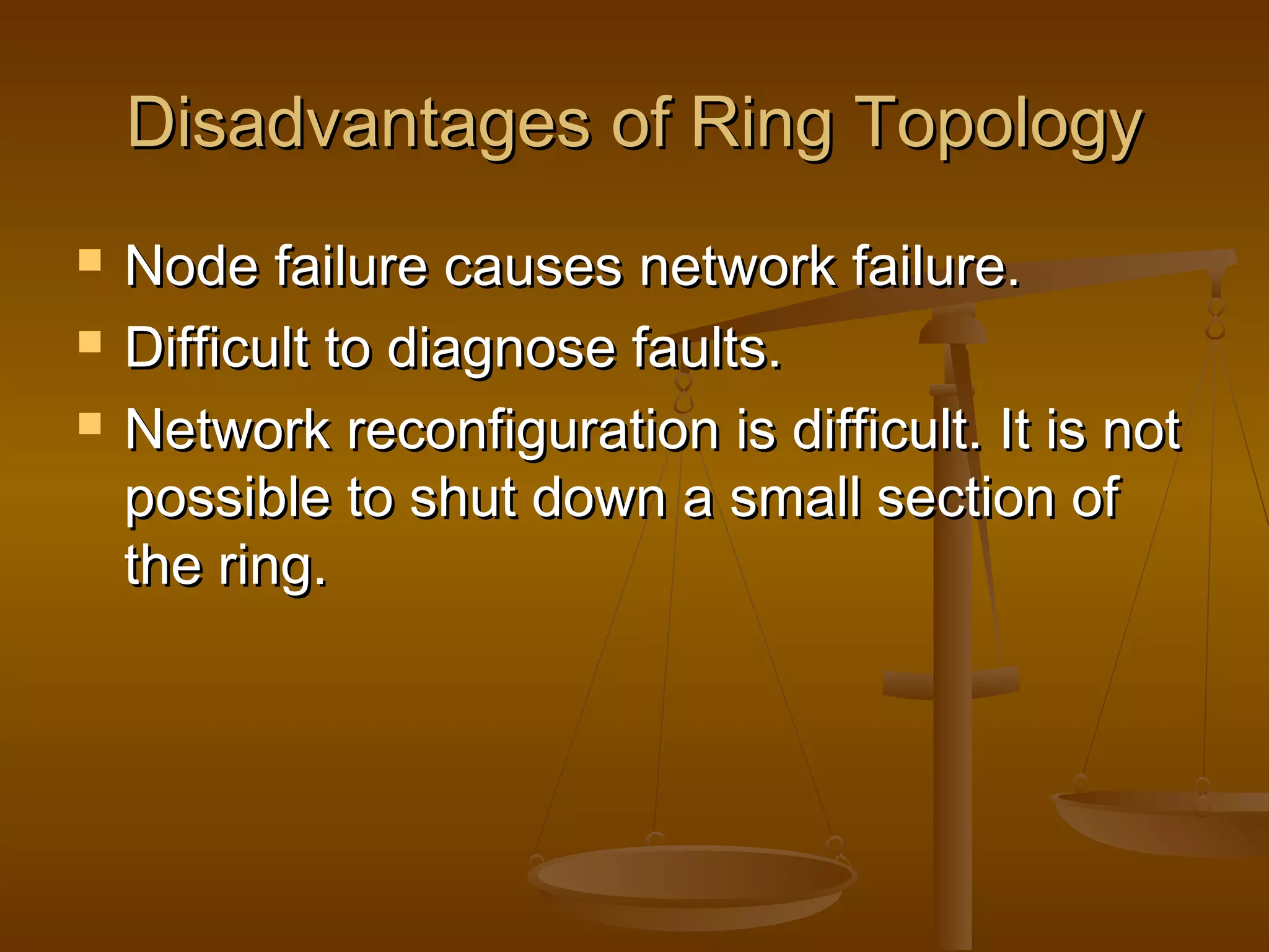 Disadvantages of Ring TopologyDisadvantages of Ring Topology
 Node failure causes network failure.Node failure causes network failure.
 Difficult to diagnose faults.Difficult to diagnose faults.
 Network reconfiguration is difficult. It is notNetwork reconfiguration is difficult. It is not
possible to shut down a small section ofpossible to shut down a small section of
the ring.the ring.
 
