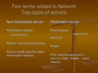 Few terms related to NetworkFew terms related to Network
Two types of serversTwo types of servers
Non Dedicated serverNon Dedicated server Dedicated serverDedicated server
Workstation doublesWorkstation doubles
up as a serverup as a server
Slower, requires more memorySlower, requires more memory
Used in small networks calledUsed in small networks called
Peer-to-peer networksPeer-to-peer networks
One computerOne computer
reserved forreserved for
server job.server job.
FasterFaster
The networks using such aThe networks using such a
server is called Master – slaveserver is called Master – slave
network.network.
 