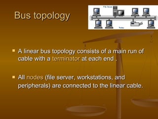 Bus topologyBus topology
 A linear bus topology consists of a main run ofA linear bus topology consists of a main run of
cable with acable with a terminatorterminator at each end .at each end .
 AllAll nodesnodes (file server, workstations, and(file server, workstations, and
peripherals) are connected to the linear cable.peripherals) are connected to the linear cable.
 