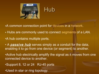 HubHub
•A common connection point for devices in a network.
• Hubs are commonly used to connect segments of a LAN.
•A hub contains multiple ports.
• A passive hub serves simply as a conduit for the data,
enabling it to go from one device (or segment) to another.
•Active hub electrically amplify the signal as it moves from one
connected device to another.
•Support 8, 12 or 24 RJ-45 ports
•Used in star or ring topology.
 