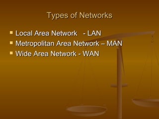 Types of NetworksTypes of Networks
 Local Area Network - LANLocal Area Network - LAN
 Metropolitan Area Network – MANMetropolitan Area Network – MAN
 Wide Area Network - WANWide Area Network - WAN
 