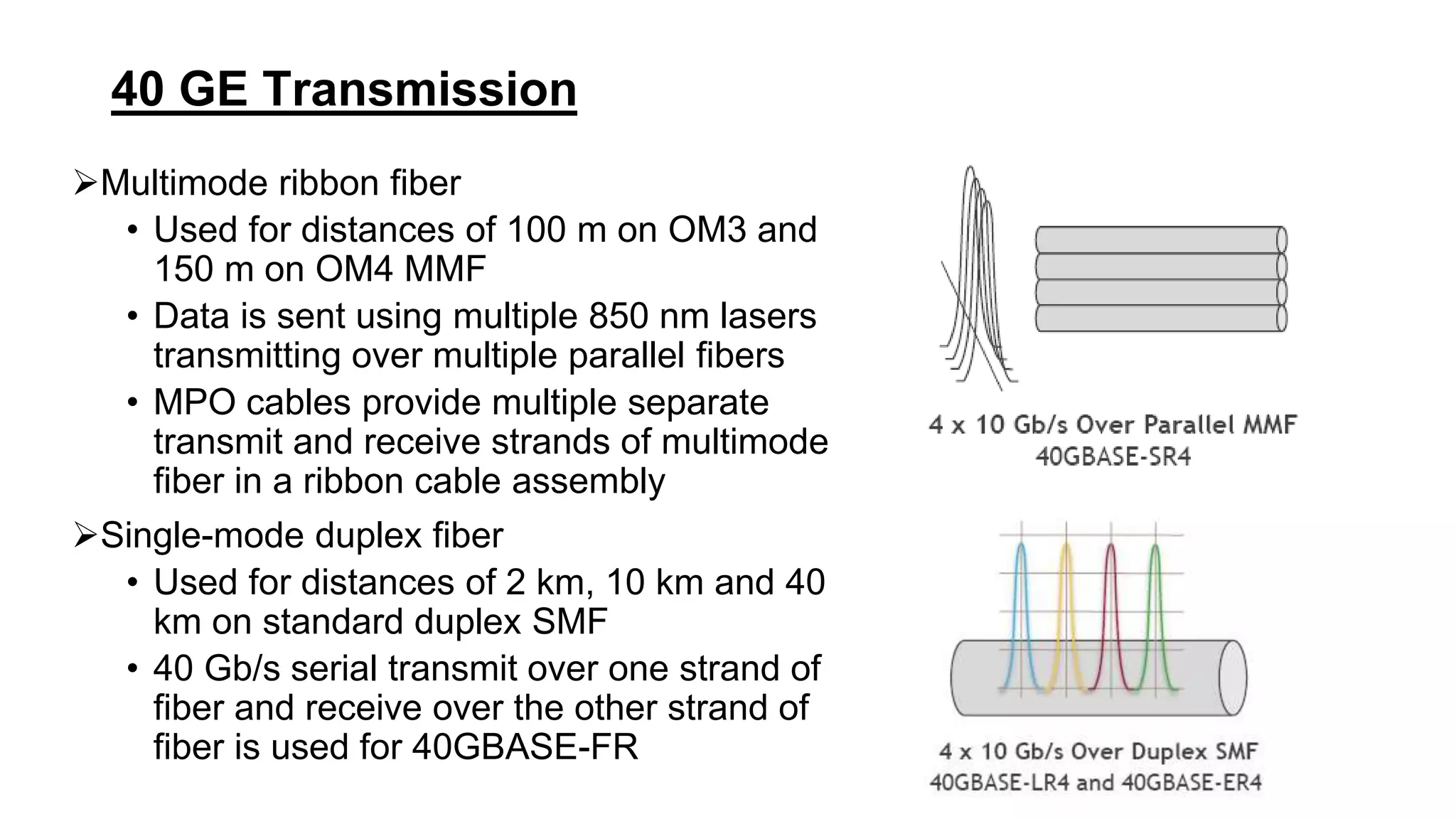 40 GE Transmission
Multimode ribbon fiber
• Used for distances of 100 m on OM3 and
150 m on OM4 MMF
• Data is sent using multiple 850 nm lasers
transmitting over multiple parallel fibers
• MPO cables provide multiple separate
transmit and receive strands of multimode
fiber in a ribbon cable assembly
Single-mode duplex fiber
• Used for distances of 2 km, 10 km and 40
km on standard duplex SMF
• 40 Gb/s serial transmit over one strand of
fiber and receive over the other strand of
fiber is used for 40GBASE-FR
 