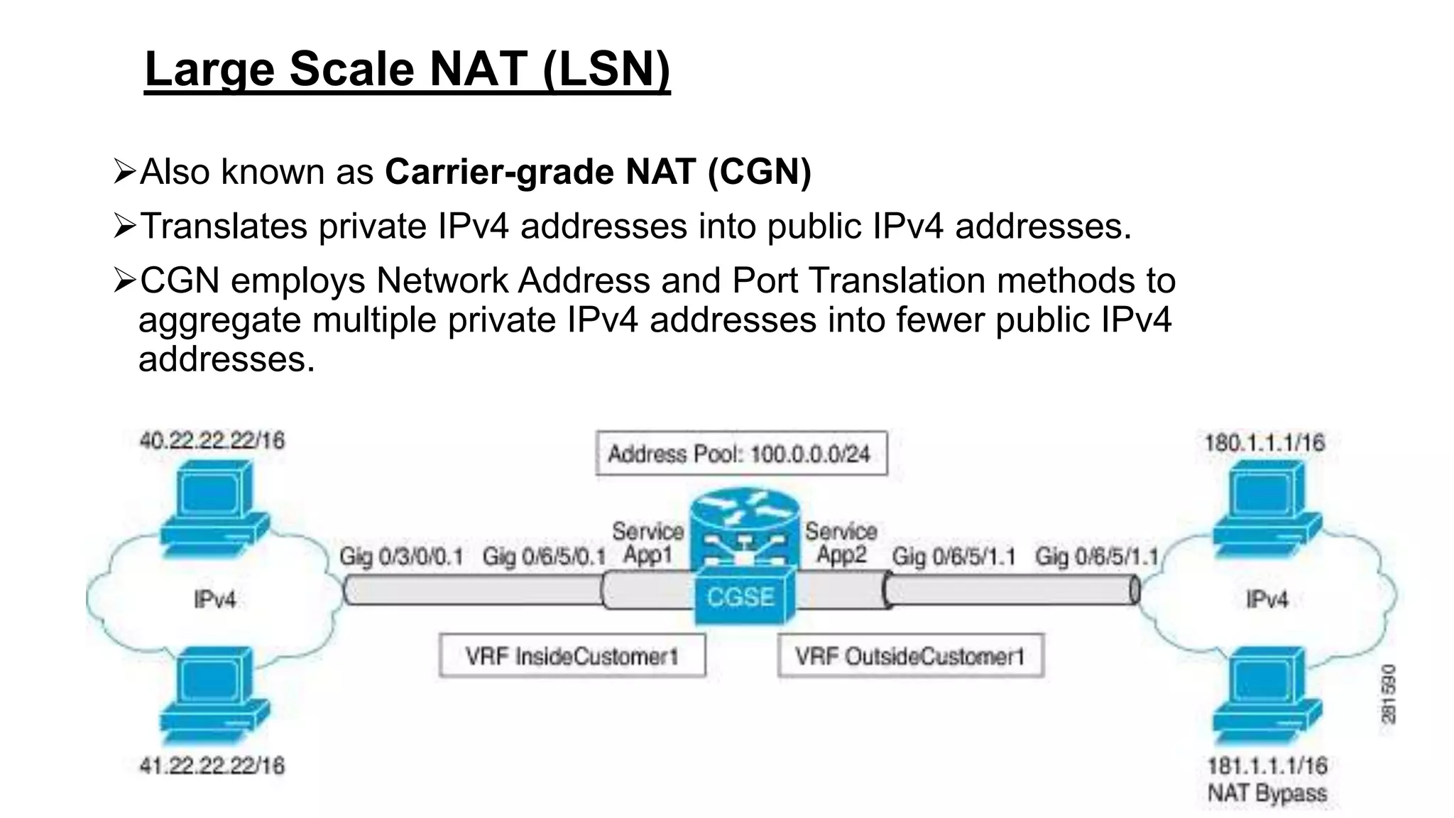 Large Scale NAT (LSN)
Also known as Carrier-grade NAT (CGN)
Translates private IPv4 addresses into public IPv4 addresses.
CGN employs Network Address and Port Translation methods to
aggregate multiple private IPv4 addresses into fewer public IPv4
addresses.
 