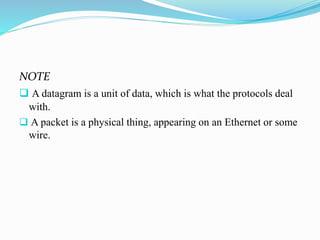 NOTE
 A datagram is a unit of data, which is what the protocols deal
with.
 A packet is a physical thing, appearing on an Ethernet or some
wire.
 