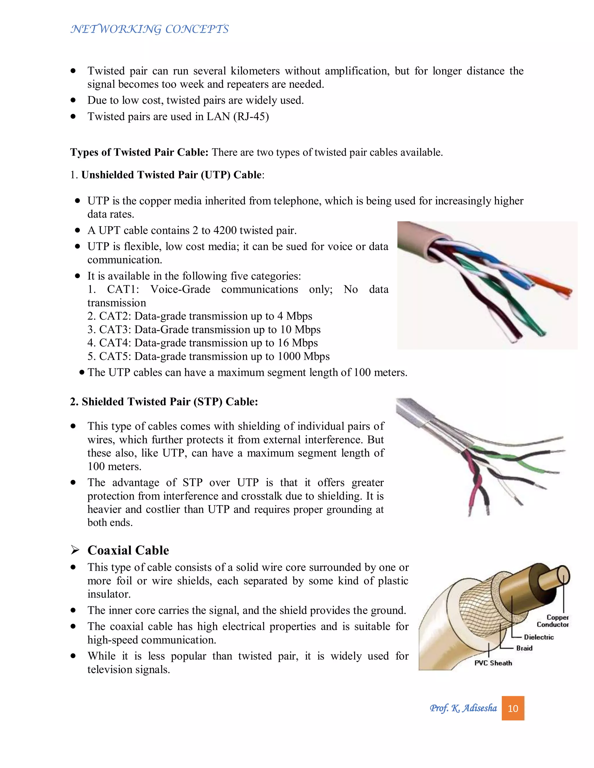 NETWORKING CONCEPTS
Prof. K. Adisesha 10
 Twisted pair can run several kilometers without amplification, but for longer distance the
signal becomes too week and repeaters are needed.
 Due to low cost, twisted pairs are widely used.
 Twisted pairs are used in LAN (RJ-45)
Types of Twisted Pair Cable: There are two types of twisted pair cables available.
1. Unshielded Twisted Pair (UTP) Cable:
 UTP is the copper media inherited from telephone, which is being used for increasingly higher
data rates.
 A UPT cable contains 2 to 4200 twisted pair.
 UTP is flexible, low cost media; it can be sued for voice or data
communication.
 It is available in the following five categories:
1. CAT1: Voice-Grade communications only; No data
transmission
2. CAT2: Data-grade transmission up to 4 Mbps
3. CAT3: Data-Grade transmission up to 10 Mbps
4. CAT4: Data-grade transmission up to 16 Mbps
5. CAT5: Data-grade transmission up to 1000 Mbps
 The UTP cables can have a maximum segment length of 100 meters.
2. Shielded Twisted Pair (STP) Cable:
 This type of cables comes with shielding of individual pairs of
wires, which further protects it from external interference. But
these also, like UTP, can have a maximum segment length of
100 meters.
 The advantage of STP over UTP is that it offers greater
protection from interference and crosstalk due to shielding. It is
heavier and costlier than UTP and requires proper grounding at
both ends.
 Coaxial Cable
 This type of cable consists of a solid wire core surrounded by one or
more foil or wire shields, each separated by some kind of plastic
insulator.
 The inner core carries the signal, and the shield provides the ground.
 The coaxial cable has high electrical properties and is suitable for
high-speed communication.
 While it is less popular than twisted pair, it is widely used for
television signals.
 