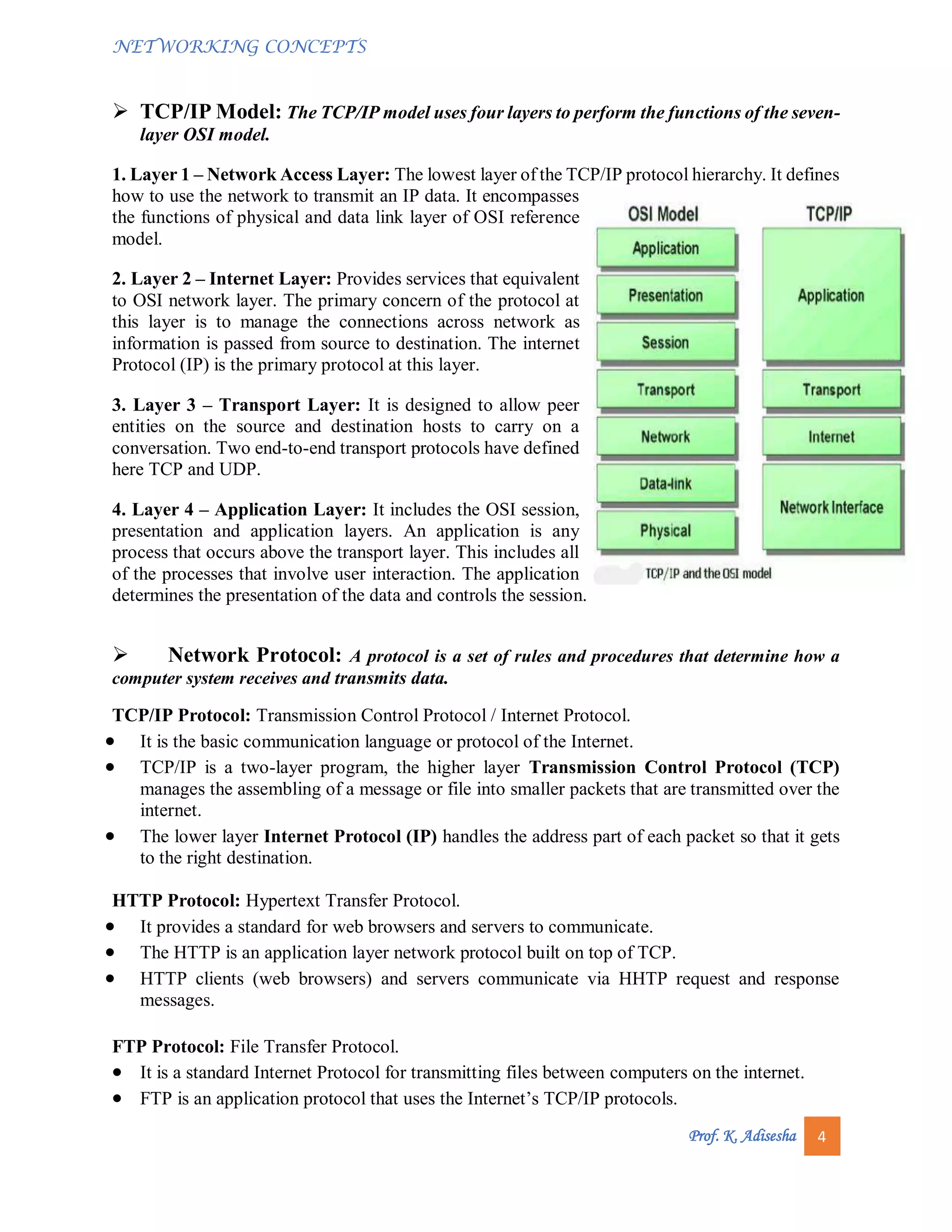 NETWORKING CONCEPTS
Prof. K. Adisesha 4
 TCP/IP Model: The TCP/IP model uses four layers to perform the functions of the seven-
layer OSI model.
1. Layer 1 – Network Access Layer: The lowest layer of the TCP/IP protocol hierarchy. It defines
how to use the network to transmit an IP data. It encompasses
the functions of physical and data link layer of OSI reference
model.
2. Layer 2 – Internet Layer: Provides services that equivalent
to OSI network layer. The primary concern of the protocol at
this layer is to manage the connections across network as
information is passed from source to destination. The internet
Protocol (IP) is the primary protocol at this layer.
3. Layer 3 – Transport Layer: It is designed to allow peer
entities on the source and destination hosts to carry on a
conversation. Two end-to-end transport protocols have defined
here TCP and UDP.
4. Layer 4 – Application Layer: It includes the OSI session,
presentation and application layers. An application is any
process that occurs above the transport layer. This includes all
of the processes that involve user interaction. The application
determines the presentation of the data and controls the session.
 Network Protocol: A protocol is a set of rules and procedures that determine how a
computer system receives and transmits data.
TCP/IP Protocol: Transmission Control Protocol / Internet Protocol.
 It is the basic communication language or protocol of the Internet.
 TCP/IP is a two-layer program, the higher layer Transmission Control Protocol (TCP)
manages the assembling of a message or file into smaller packets that are transmitted over the
internet.
 The lower layer Internet Protocol (IP) handles the address part of each packet so that it gets
to the right destination.
HTTP Protocol: Hypertext Transfer Protocol.
 It provides a standard for web browsers and servers to communicate.
 The HTTP is an application layer network protocol built on top of TCP.
 HTTP clients (web browsers) and servers communicate via HHTP request and response
messages.
FTP Protocol: File Transfer Protocol.
 It is a standard Internet Protocol for transmitting files between computers on the internet.
 FTP is an application protocol that uses the Internet’s TCP/IP protocols.
 