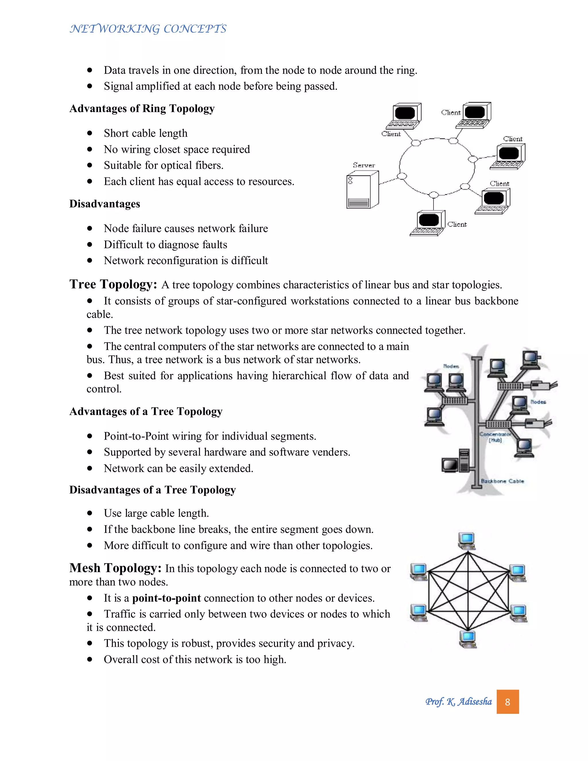 NETWORKING CONCEPTS
Prof. K. Adisesha 8
 Data travels in one direction, from the node to node around the ring.
 Signal amplified at each node before being passed.
Advantages of Ring Topology
 Short cable length
 No wiring closet space required
 Suitable for optical fibers.
 Each client has equal access to resources.
Disadvantages
 Node failure causes network failure
 Difficult to diagnose faults
 Network reconfiguration is difficult
Tree Topology: A tree topology combines characteristics of linear bus and star topologies.
 It consists of groups of star-configured workstations connected to a linear bus backbone
cable.
 The tree network topology uses two or more star networks connected together.
 The central computers of the star networks are connected to a main
bus. Thus, a tree network is a bus network of star networks.
 Best suited for applications having hierarchical flow of data and
control.
Advantages of a Tree Topology
 Point-to-Point wiring for individual segments.
 Supported by several hardware and software venders.
 Network can be easily extended.
Disadvantages of a Tree Topology
 Use large cable length.
 If the backbone line breaks, the entire segment goes down.
 More difficult to configure and wire than other topologies.
Mesh Topology: In this topology each node is connected to two or
more than two nodes.
 It is a point-to-point connection to other nodes or devices.
 Traffic is carried only between two devices or nodes to which
it is connected.
 This topology is robust, provides security and privacy.
 Overall cost of this network is too high.
 