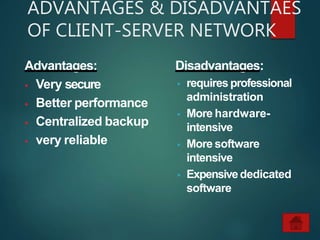 Advantages:
 Very secure
 Better performance
 Centralized backup
 very reliable
Disadvantages:
 requires professional
administration
 More hardware-
intensive
 More software
intensive
 Expensivededicated
software
ADVANTAGES & DISADVANTAES
OF CLIENT-SERVER NETWORK
 