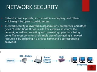 NETWORK SECURITY
 Networks can be private, such as within a company, and others
which might be open to public access.
 Network security is involved in organizations, enterprises, and other
types of institutions. It does as its title explains: it secures the
network, as well as protecting and overseeing operations being
done. The most common and simple way of protecting a network
resource is by assigning it a unique name and a corresponding
password.
 